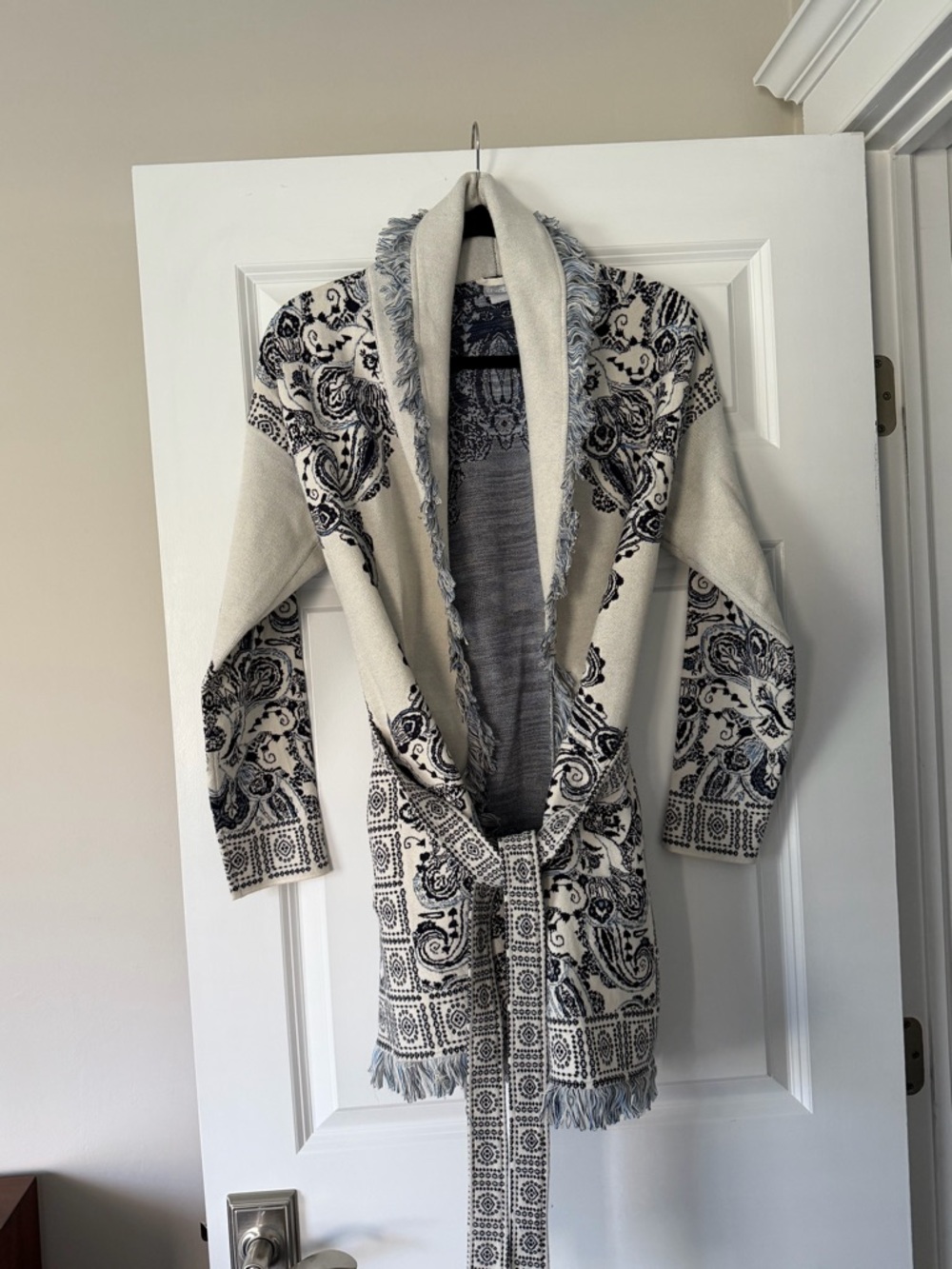 Chico's Cream and Black Paisley Fringe Open Cardigan
